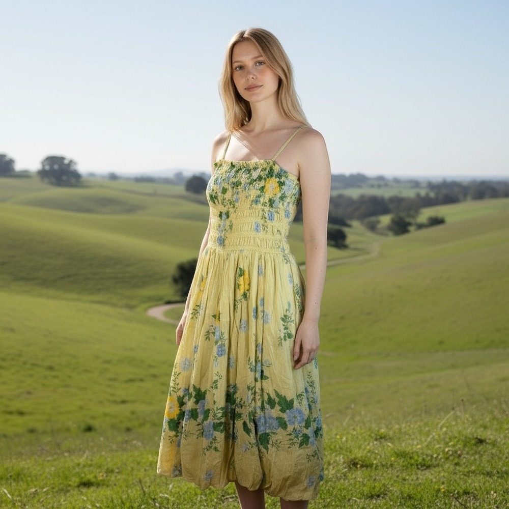 NEW $168 Free People Womens S Lemon Combo Floral Smocked Bubble Hem Midi Dress